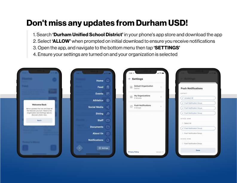 DUSD app annoucment  several cell phone faces that show what the new Durham app will look like 