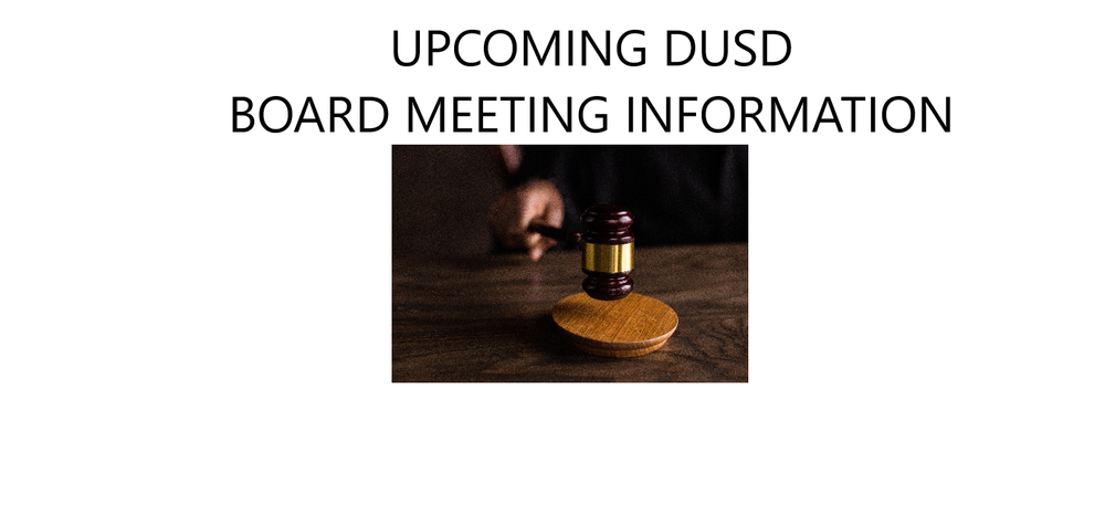 Text that says "DUSD Regular Board Meeting Information" with a picture of a hand and a gavel